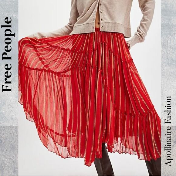 Free People Ember printed Fire Red A-Line MIDI Skirt in Medium NWOT - Picture 1 of 7